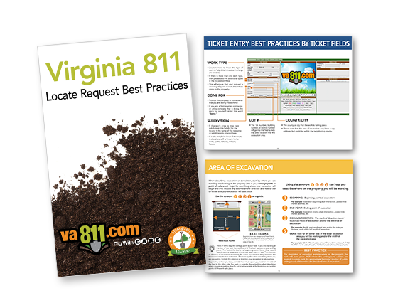 VA811 Locate Request Best Practice guide cover with two page insert examples