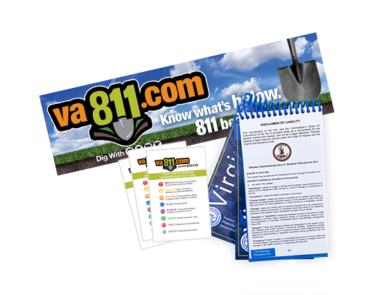 Assorted VA811 training collateral including a colorful bumper sticker, Virginia Professional Excavator's manual, and APWA color code cards